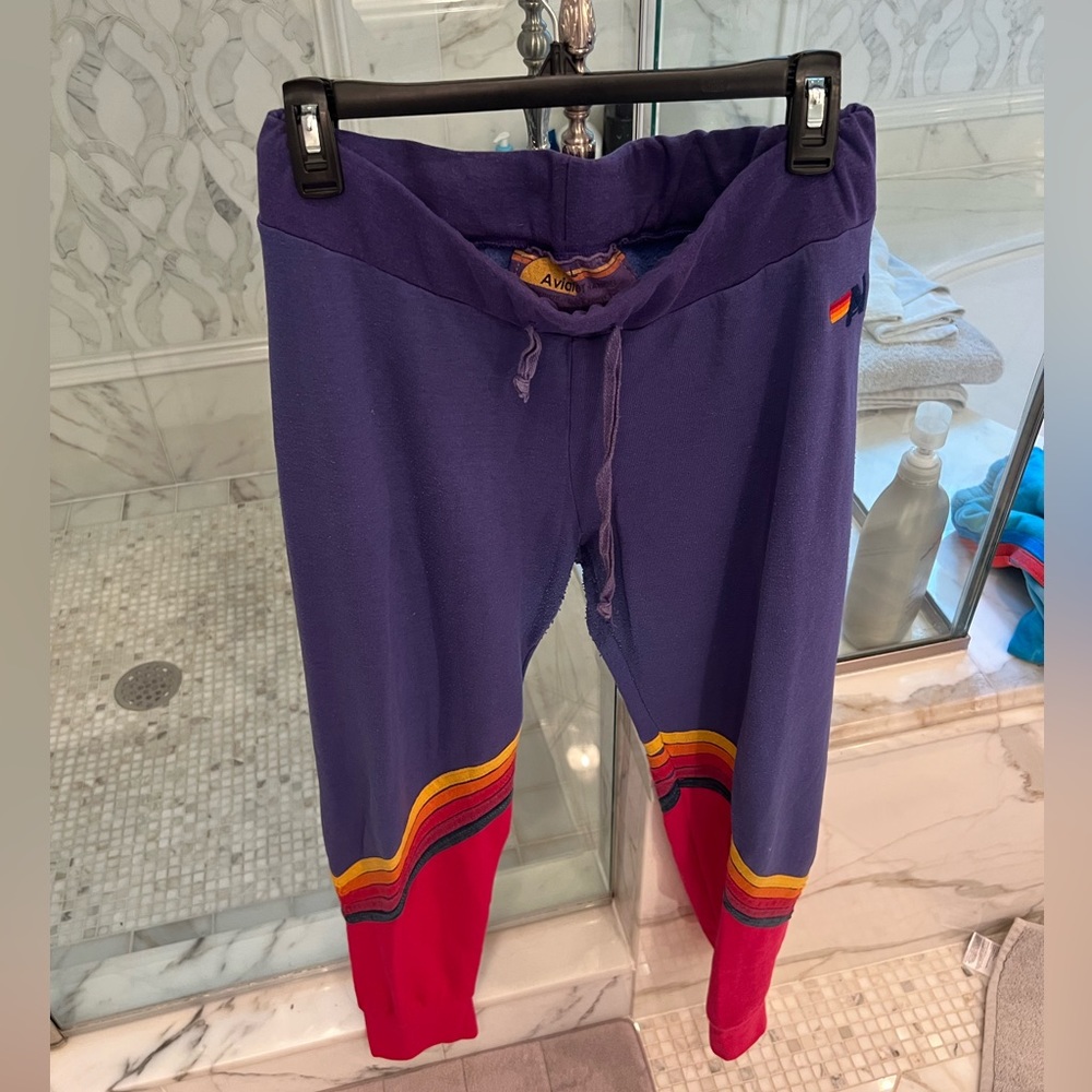 Aviator Nation pink, purple and rainbow stripe sweats size large